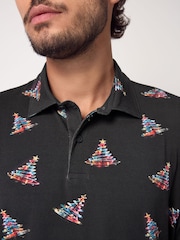 Black Neon Tree Christmas Print Polo Shirt - Image 6 of 8