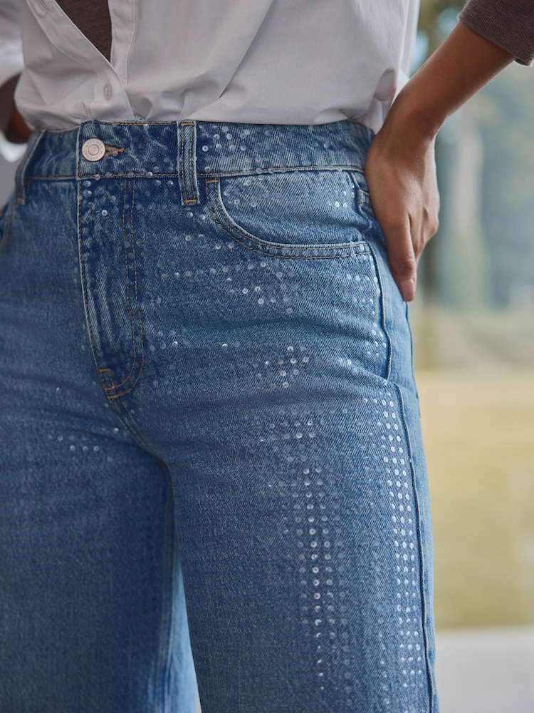 Mid Blue Sequin Embellished Wide Leg 100% Cotton Jeans - Image 1 of 7