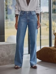 Mid Blue Sequin Embellished Wide Leg 100% Cotton Jeans - Image 3 of 7