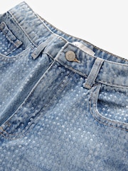 Mid Blue Sequin Embellished Wide Leg 100% Cotton Jeans - Image 6 of 7