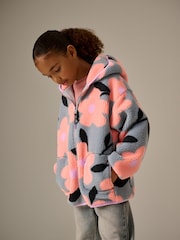 Grey/Pink Floral Borg Fleece Hooded Jacket (3-16yrs) - Image 1 of 9