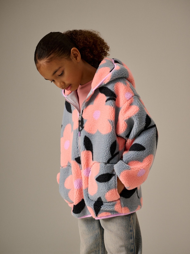 Grey/Pink Floral Borg Fleece Hooded Jacket (3-16yrs) - Image 1 of 9