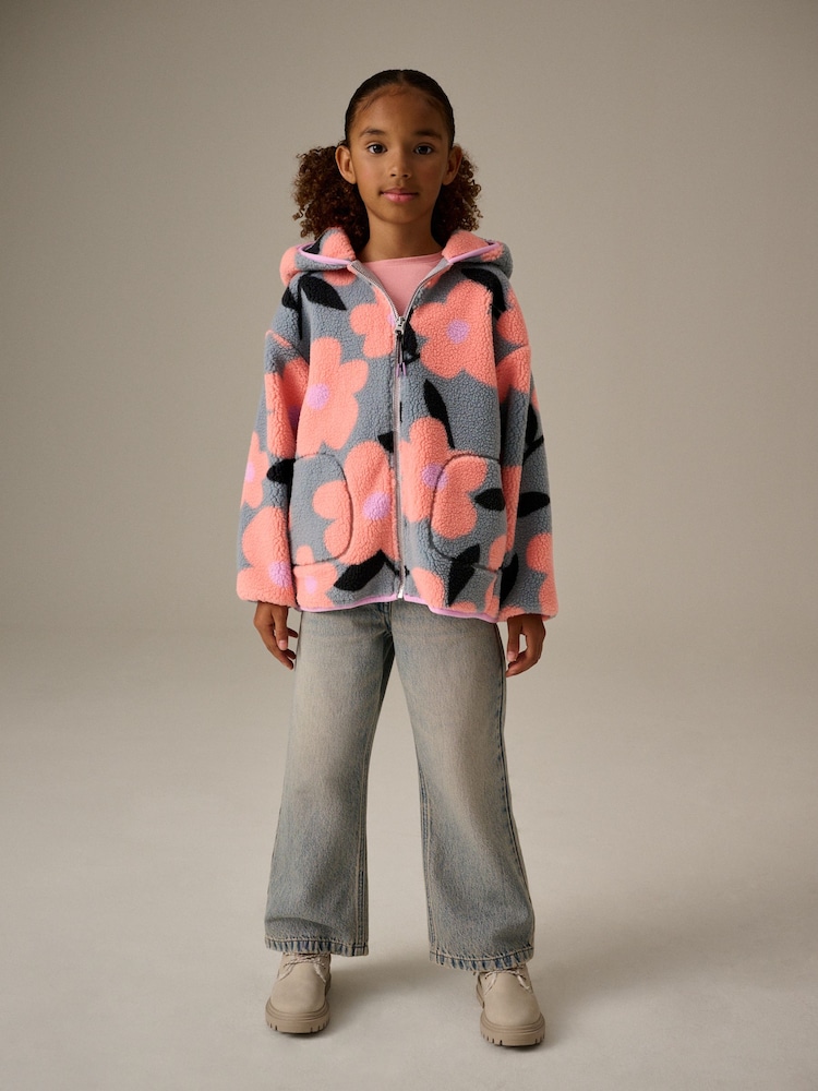Grey/Pink Floral Borg Fleece Hooded Jacket (3-16yrs) - Image 2 of 9