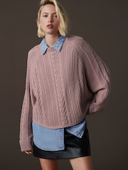Pink Blush Denim Shirt Layer Cable Knitted Jumper - Image 1 of 9