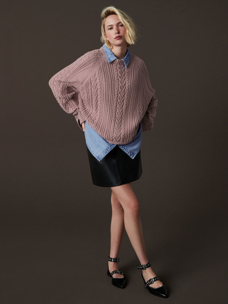Pink Blush Denim Shirt Layer Cable Knitted Jumper - Image 2 of 9