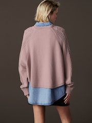 Pink Blush Denim Shirt Layer Cable Knitted Jumper - Image 3 of 9
