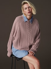 Pink Blush Denim Shirt Layer Cable Knitted Jumper - Image 4 of 9