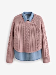 Pink Blush Denim Shirt Layer Cable Knitted Jumper - Image 7 of 9