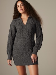 Grey Charcoal Collar V-Neck Long Sleeve Cable Knitted Short Mini Jumper Dress - Image 1 of 7