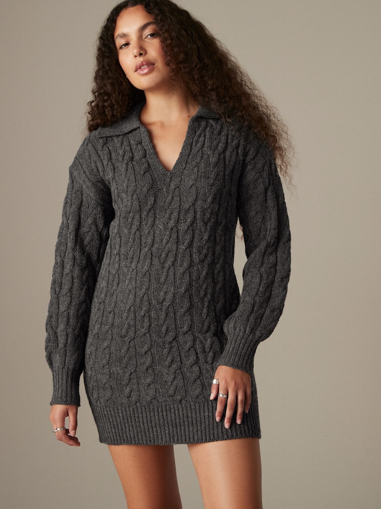 Grey Charcoal Collar V-Neck Long Sleeve Cable Knitted Short Mini Jumper Dress - Image 1 of 7