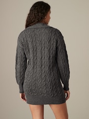 Grey Charcoal Collar V-Neck Long Sleeve Cable Knitted Short Mini Jumper Dress - Image 3 of 7