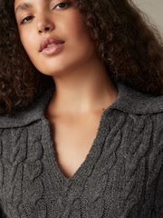 Grey Charcoal Collar V-Neck Long Sleeve Cable Knitted Short Mini Jumper Dress - Image 4 of 7