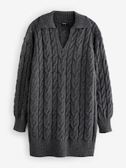 Grey Charcoal Collar V-Neck Long Sleeve Cable Knitted Short Mini Jumper Dress - Image 5 of 7
