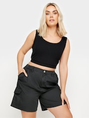 Yours Curve Black 100% Cotton Cargo Shorts - Image 1 of 5