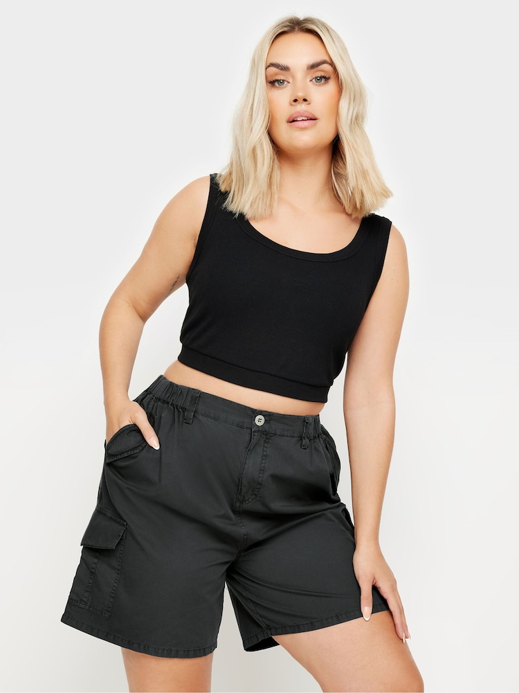 Yours Curve Black 100% Cotton Cargo Shorts - Image 1 of 5