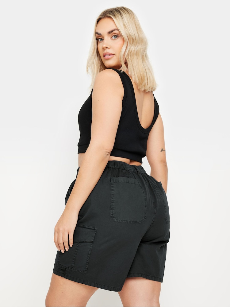 Yours Curve Black 100% Cotton Cargo Shorts - Image 3 of 5