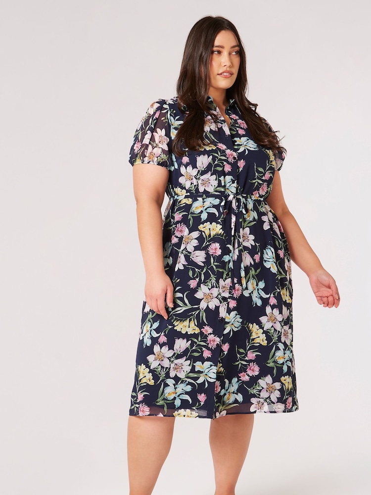 Apricot Blue Big Bloom Tie Waist Shirt Dress - Image 1 of 4
