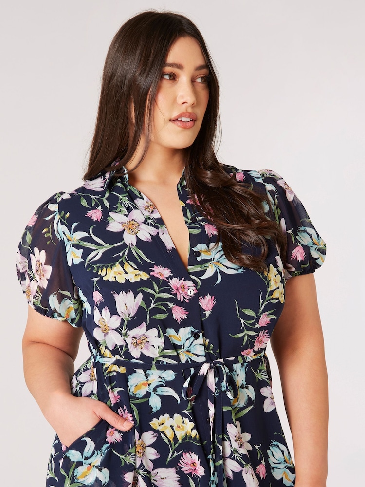 Apricot Blue Big Bloom Tie Waist Shirt Dress - Image 2 of 4