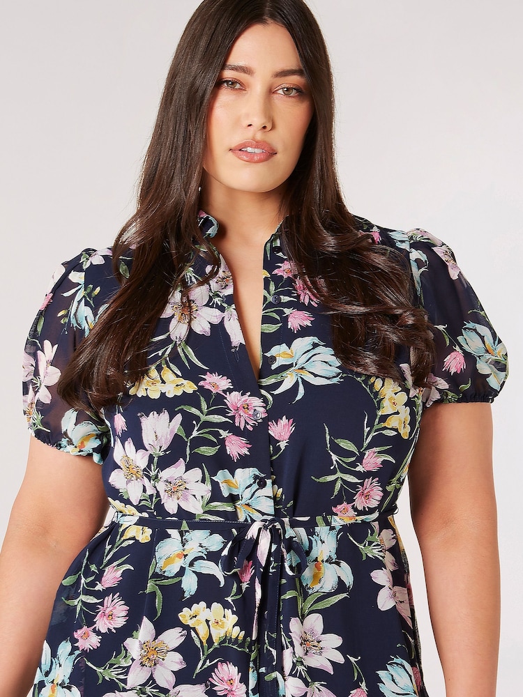 Apricot Blue Big Bloom Tie Waist Shirt Dress - Image 4 of 4