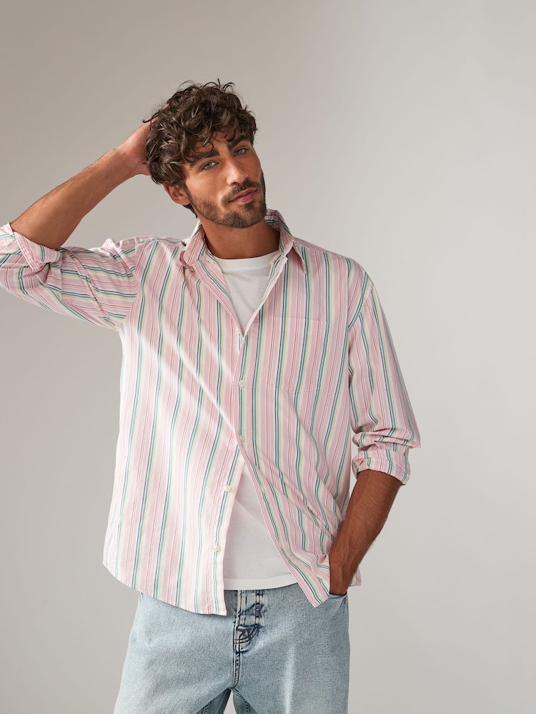 Pink Poplin 100% Cotton Stripe Long Sleeve Shirt - Image 1 of 10