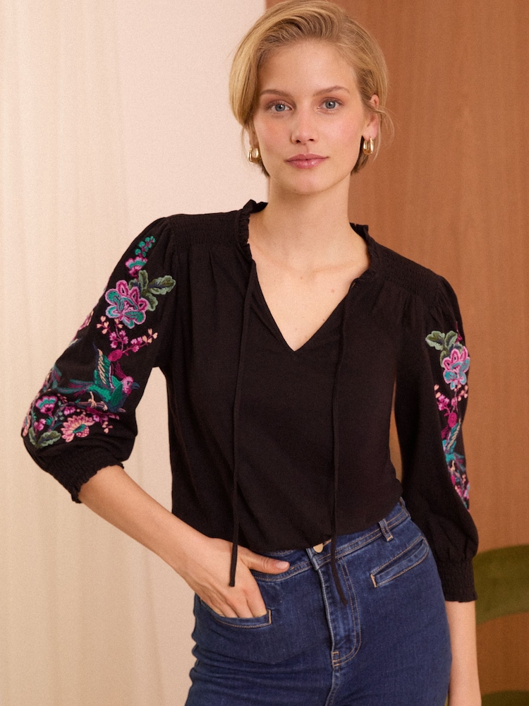 Love & Roses Black Bird V Neck Embroidered Sleeve Jersey Top - Image 1 of 4