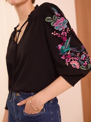 Love & Roses Black Bird V Neck Embroidered Sleeve Jersey Top - Image 2 of 4