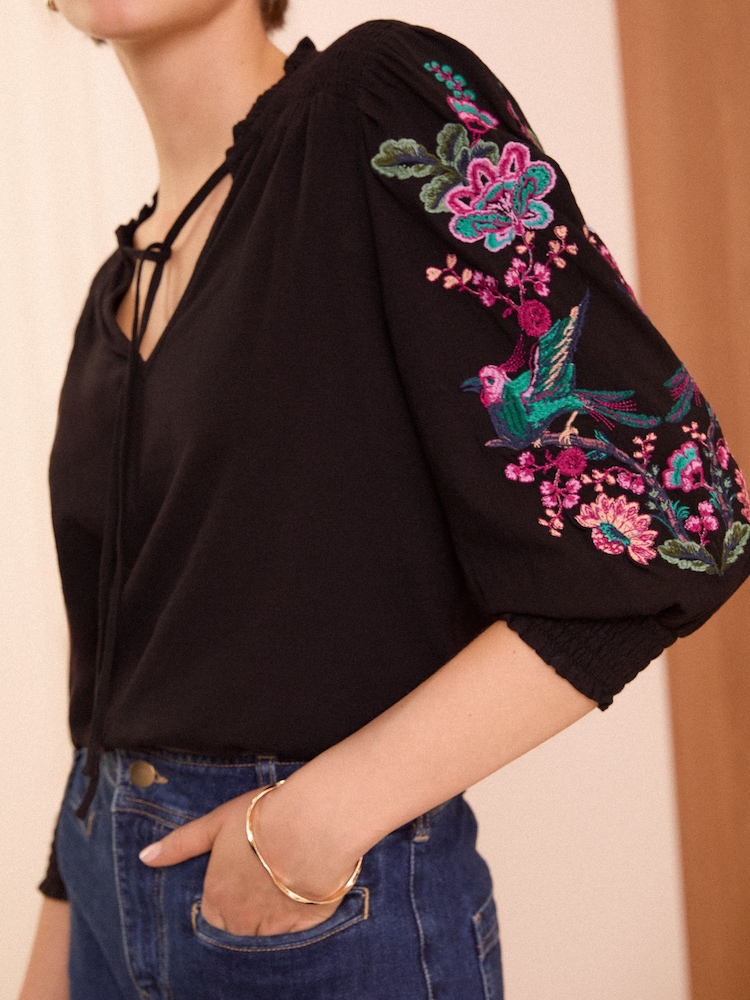Love & Roses Black Bird V Neck Embroidered Sleeve Jersey Top - Image 2 of 4