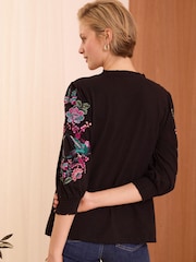 Love & Roses Black Bird V Neck Embroidered Sleeve Jersey Top - Image 3 of 4