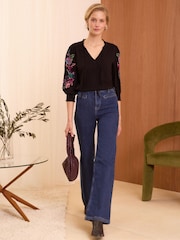 Love & Roses Black Bird V Neck Embroidered Sleeve Jersey Top - Image 4 of 4
