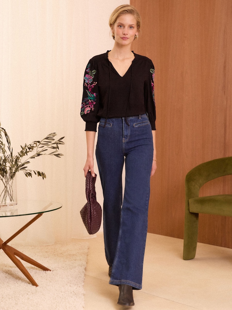Love & Roses Black Bird V Neck Embroidered Sleeve Jersey Top - Image 4 of 4