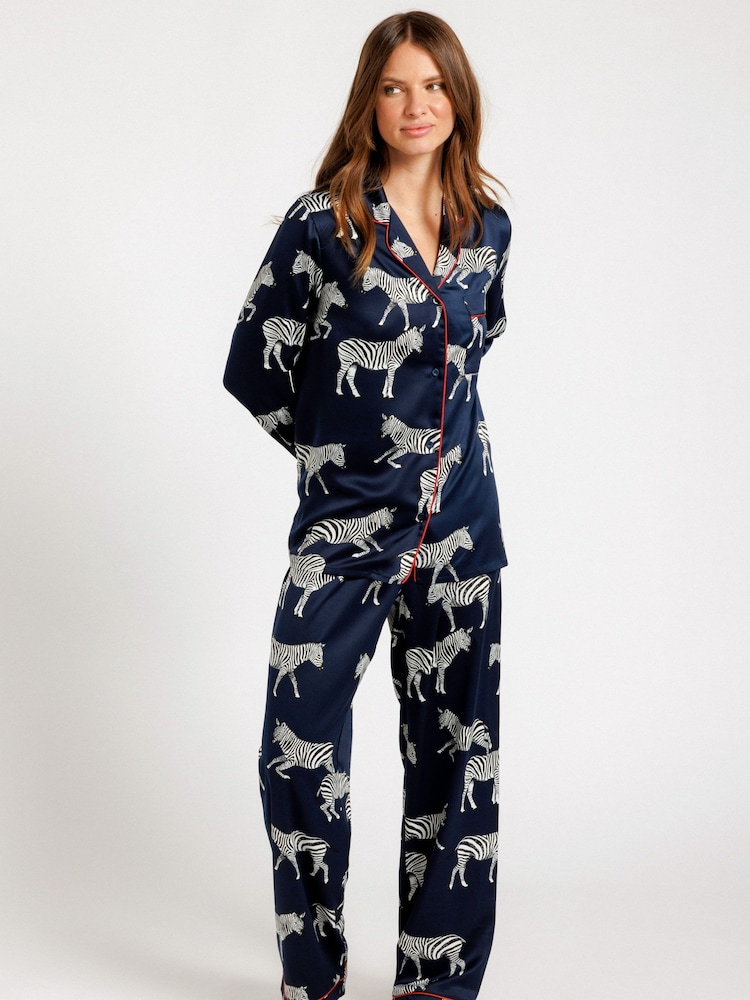Chelsea Peers Blue Satin Zebra Print Long Pyjama Set - Image 1 of 5