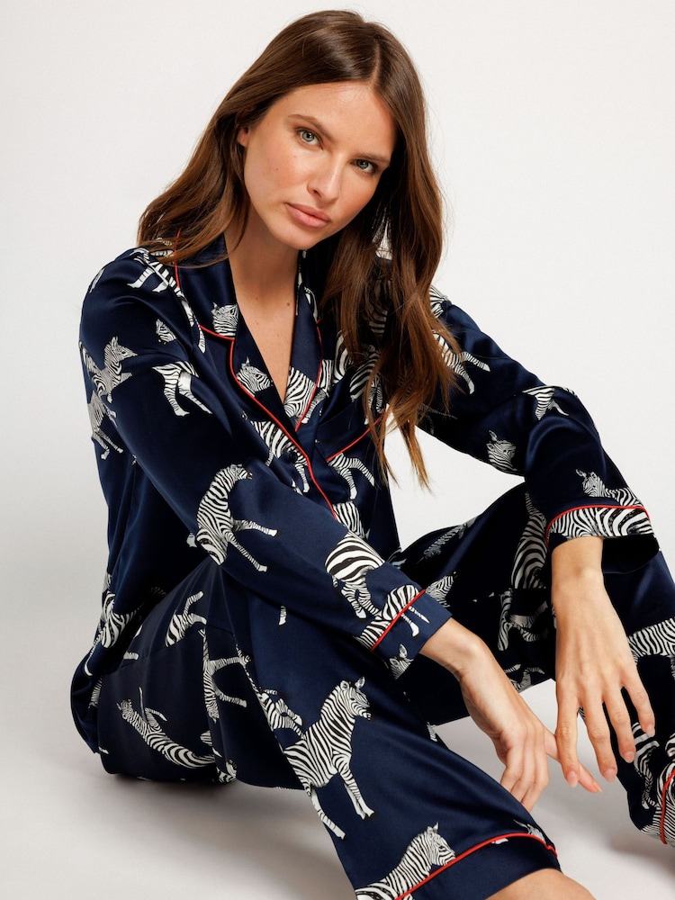 Chelsea Peers Blue Satin Zebra Print Long Pyjama Set - Image 2 of 5