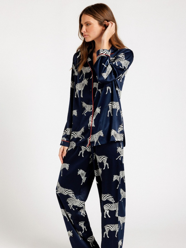 Chelsea Peers Blue Satin Zebra Print Long Pyjama Set - Image 5 of 5