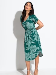 Pour Moi Green Jenny Puff Sleeve Jersey Midi Dress with Viscose - Image 1 of 4