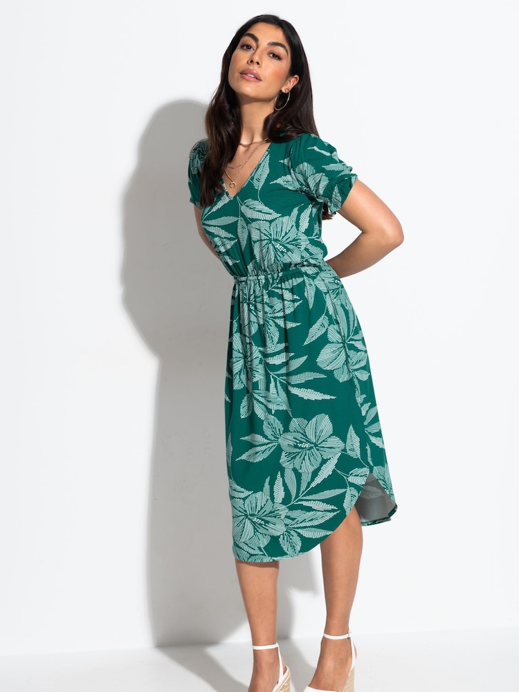 Pour Moi Green Jenny Puff Sleeve Jersey Midi Dress with Viscose - Image 1 of 4
