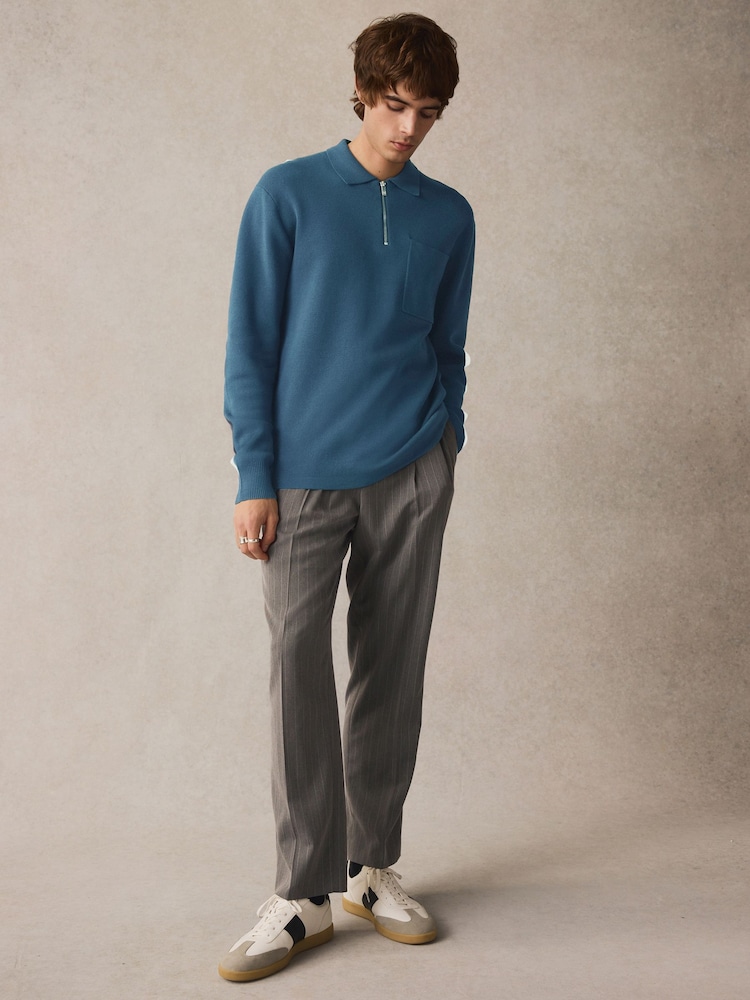 Slate Blue Regular Fit Cotton Rich Knit Long Sleeve Polo Shirt - Image 1 of 5 Slate Blue Regular Fit Cotton Rich Knit Long Sleeve Polo Shirt - Image 1 of 5