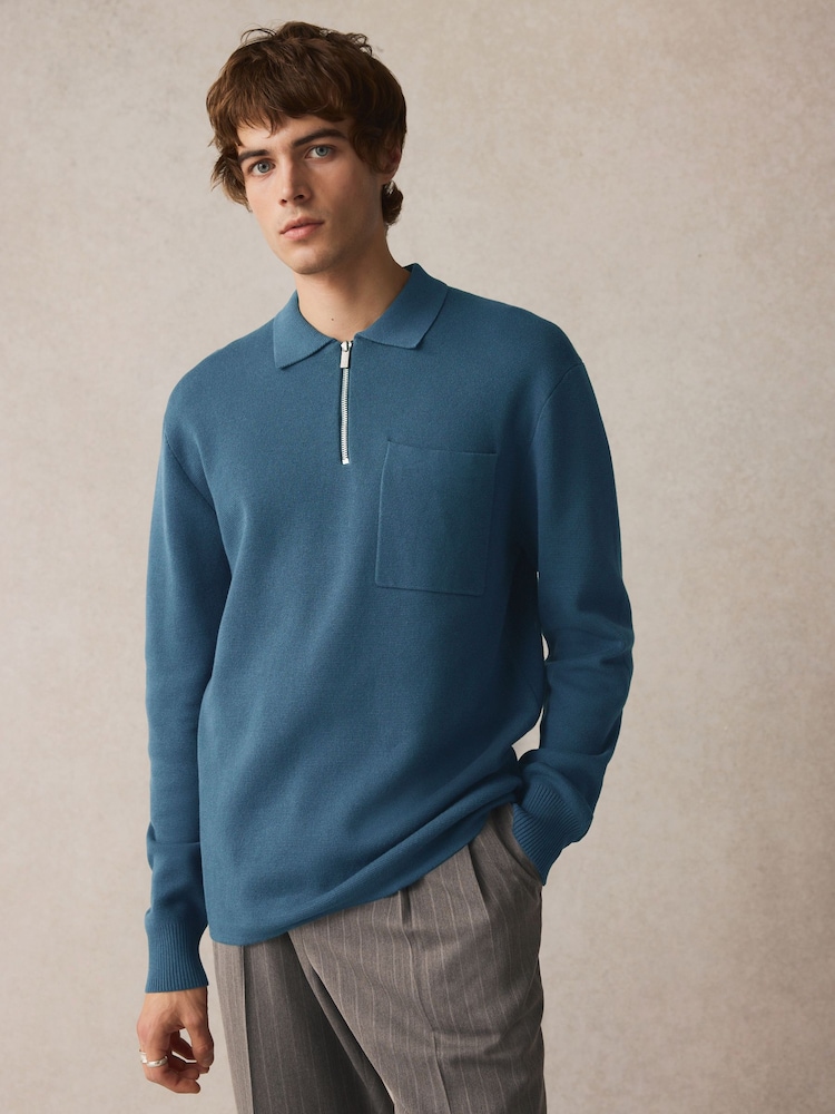 Slate Blue Regular Fit Cotton Rich Knit Long Sleeve Polo Shirt - Image 2 of 5 Slate Blue Regular Fit Cotton Rich Knit Long Sleeve Polo Shirt - Image 2 of 5