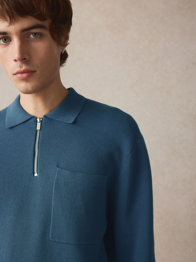 Slate Blue Regular Fit Cotton Rich Knit Long Sleeve Polo Shirt - Image 5 of 5