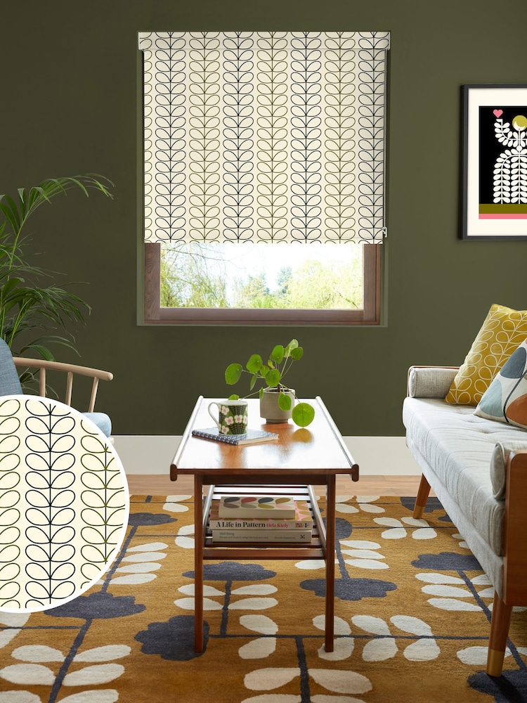 Orla Kiely Black and Olive Green Linear Stem Made to Measure Roller Blinds - Image 1 of 6