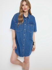 River Island Blue Denim Button Front Mini 100% Cotton Dress - Image 1 of 6