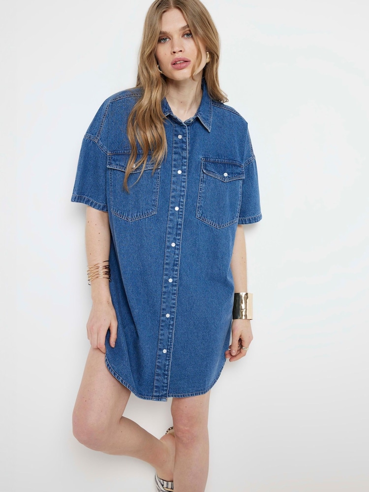 River Island Blue Denim Button Front Mini 100% Cotton Dress - Image 1 of 6