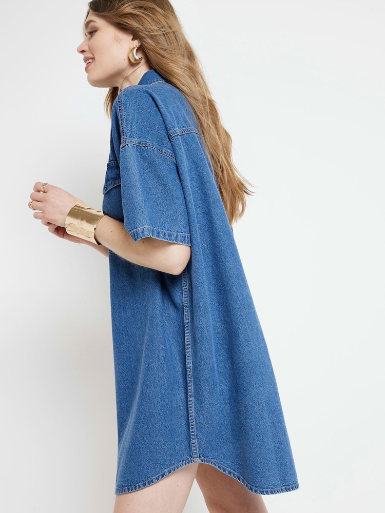 River Island Blue Denim Button Front Mini 100% Cotton Dress - Image 2 of 6