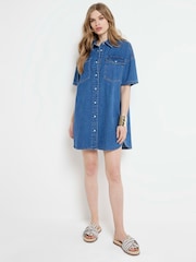 River Island Blue Denim Button Front Mini 100% Cotton Dress - Image 3 of 6