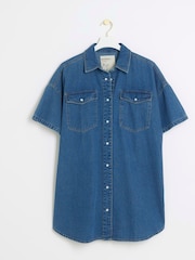 River Island Blue Denim Button Front Mini 100% Cotton Dress - Image 5 of 6