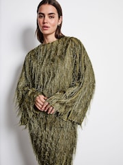Green Sparkle Fringe Long Sleeve Tie Back Blouse - Image 1 of 9
