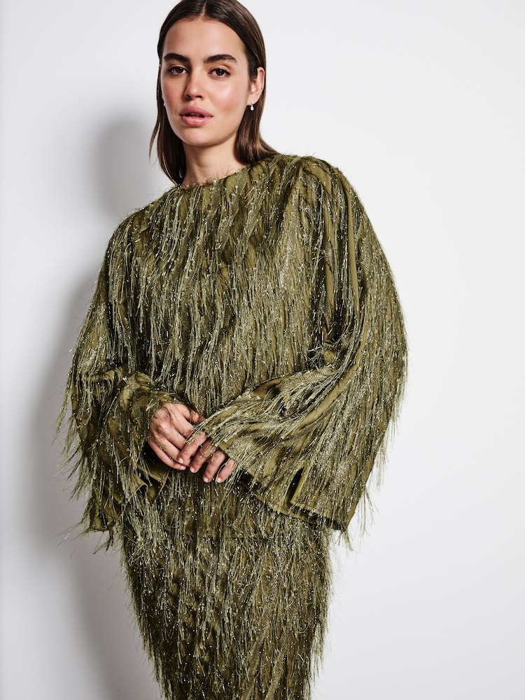 Green Sparkle Fringe Long Sleeve Tie Back Blouse - Image 1 of 9