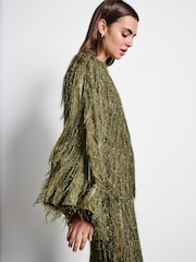 Green Sparkle Fringe Long Sleeve Tie Back Blouse - Image 3 of 9