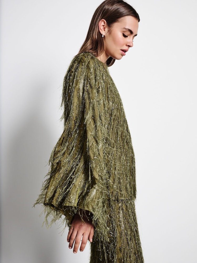 Green Sparkle Fringe Long Sleeve Tie Back Blouse - Image 3 of 9