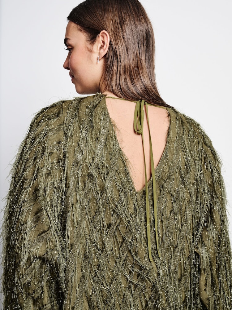 Green Sparkle Fringe Long Sleeve Tie Back Blouse - Image 4 of 9
