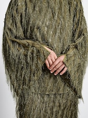 Green Sparkle Fringe Long Sleeve Tie Back Blouse - Image 5 of 9